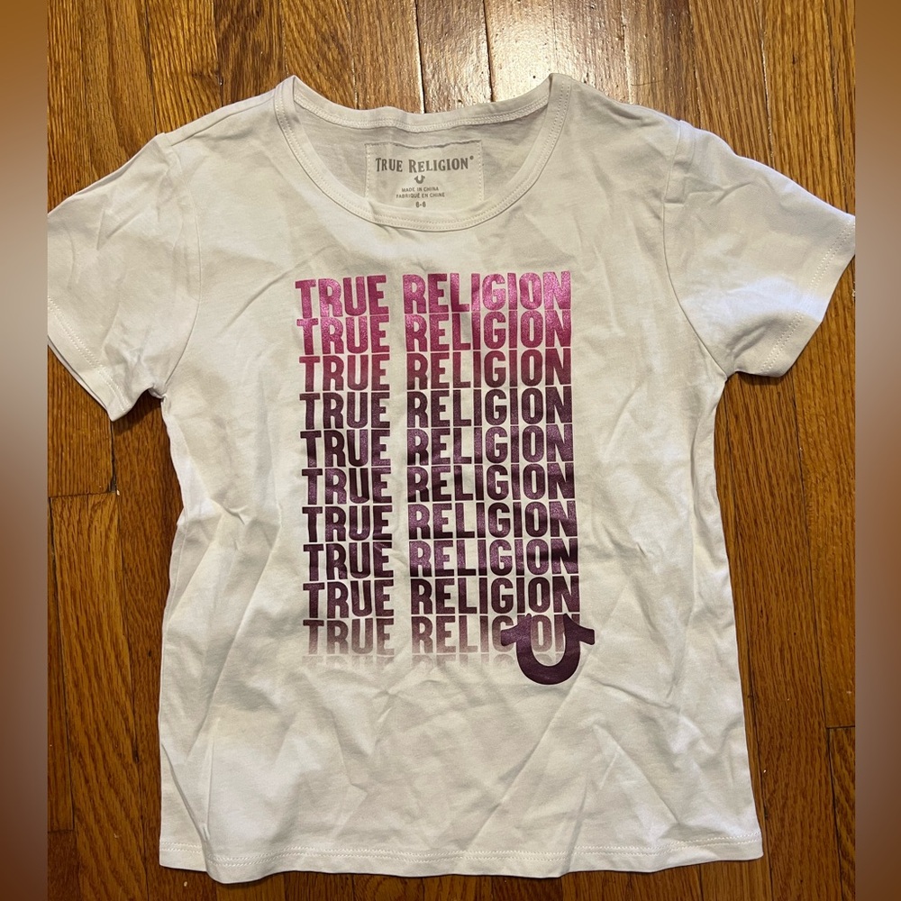 True Religion Girls Tee with Pink Gradient Metallic Logo NWOT